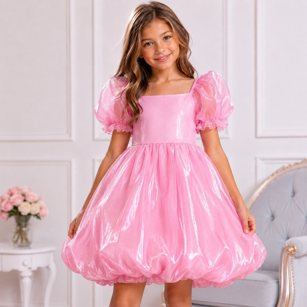 NWT Allison + Kelly Girls Pink Organza Bubble Dress Youth XS Puff Sleeve